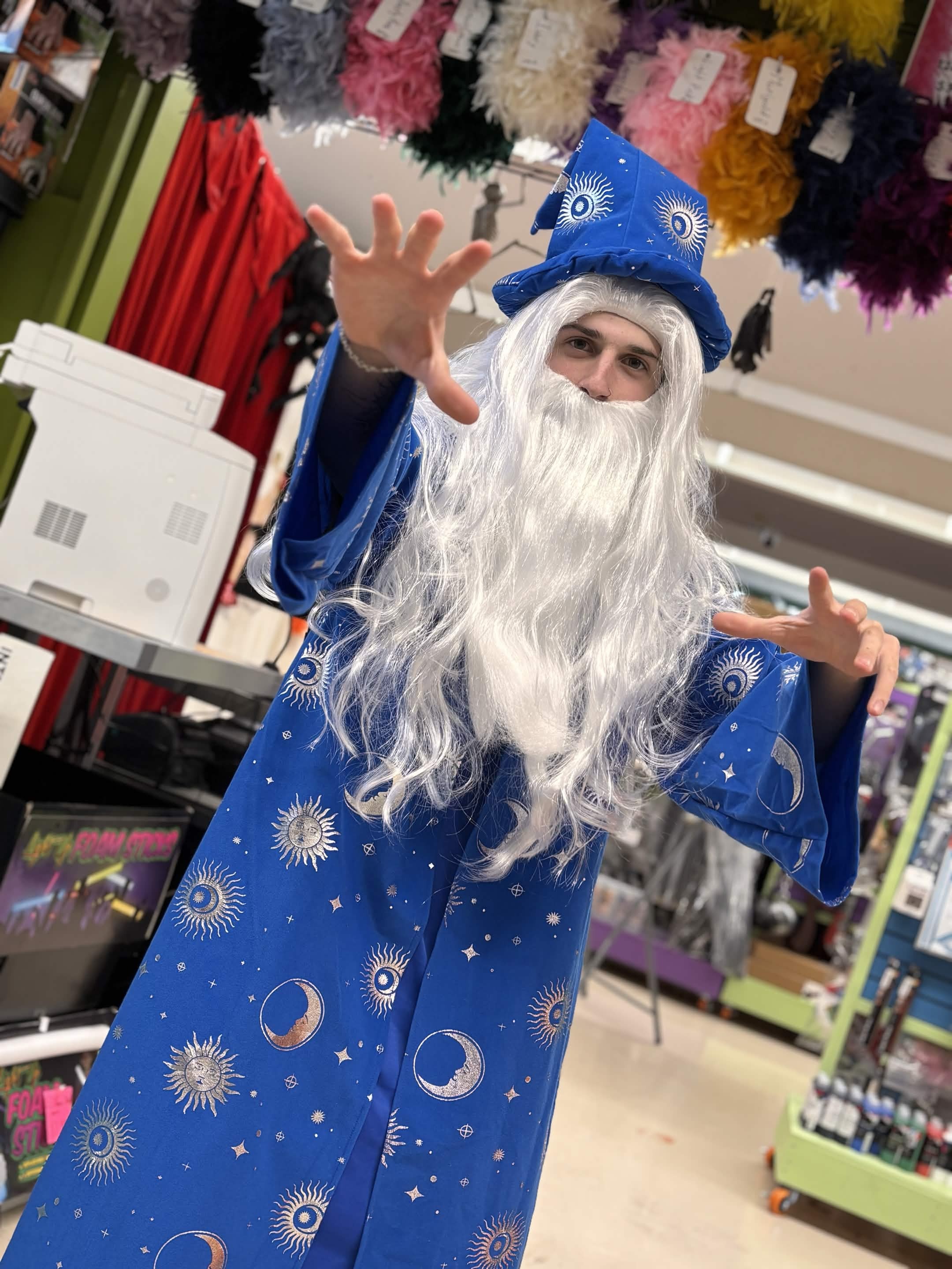 Staff member in a wizard costume at The Costume Shoppe, Calgary